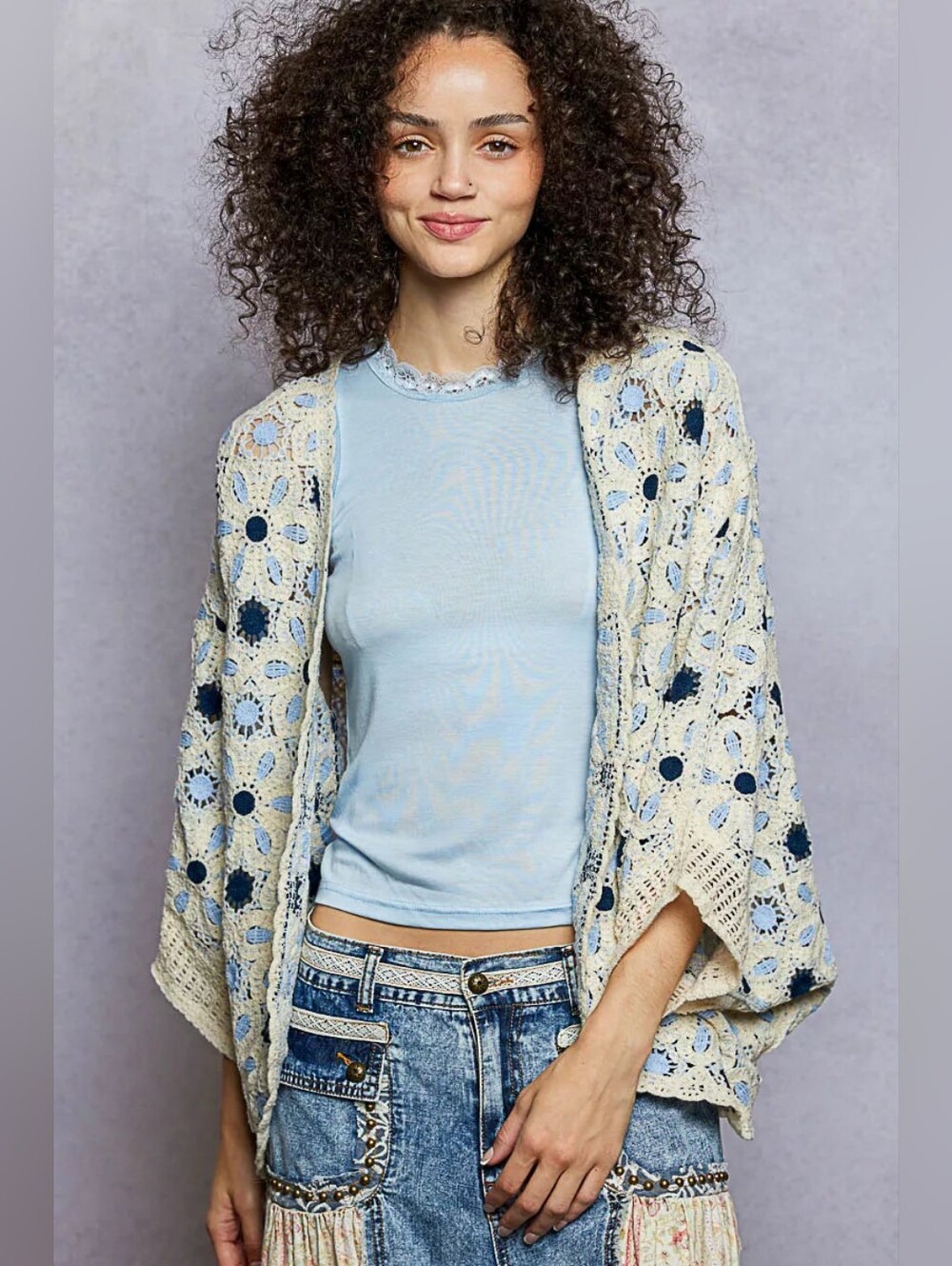 POL Open Front Floral Crochet Blue Cream Boho Kimono Cardigan Cover Up One Size - Picture 2 of 10